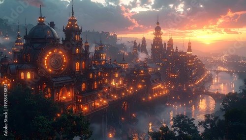 Enchanting Cityscape at Dusk - A Fantasy Metropolis.