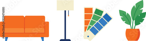 Modern home interior elements vector set, sofa, floor lamp, color palette samples and potted plant isolated on white background for decor design