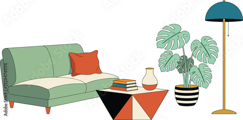 Modern living room interior vector illustration, cozy sofa with cushion, coffee table, books, houseplant and floor lamp isolated on white background