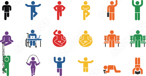People activity icons set vector illustration, colorful human pictograms showing yoga, exercise, walking, sitting and daily lifestyle actions isolated on white background