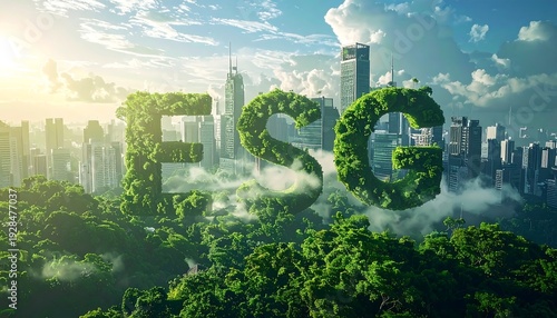ESG concept with green letters in a city landscape.