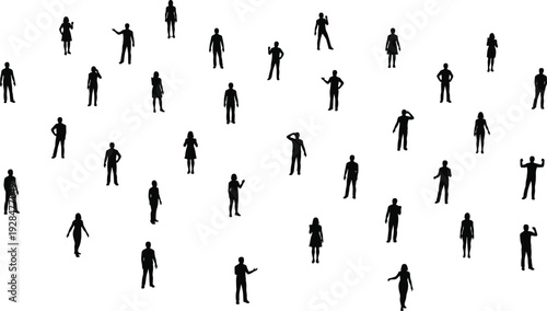 People silhouette collection vector set, diverse men and women standing in various poses isolated on white background for crowd and business design