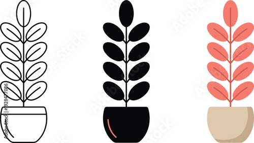 Potted plant icon set vector illustration, minimal outline and solid style houseplant symbols isolated on white background for interior and decor design