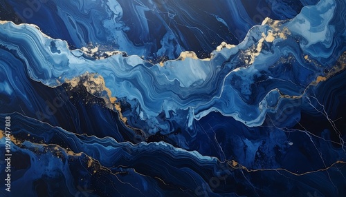 Abstract Blue and Gold Fluid Art Painting with Depth.