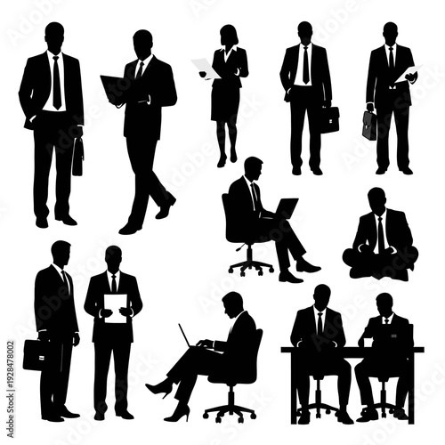 Silhouettes of diverse business professionals in various poses and actions.
