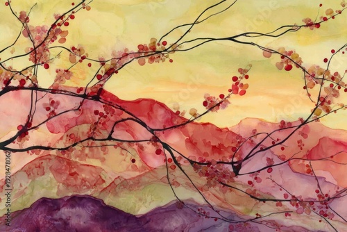 Abstract watercolor artwork features layered mountains and delicate branches with red berries