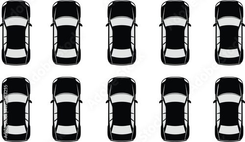 Top view black car silhouettes set arranged in grid, flat vector vehicle icons isolated on white background, modern automobile collection for transport design projects