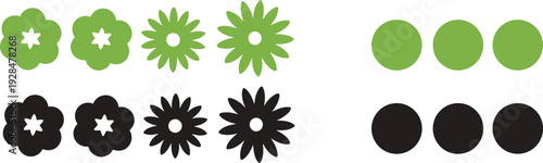 Simple flower and circle shape icon set, minimal flat floral elements in green and black isolated on white background for graphic design