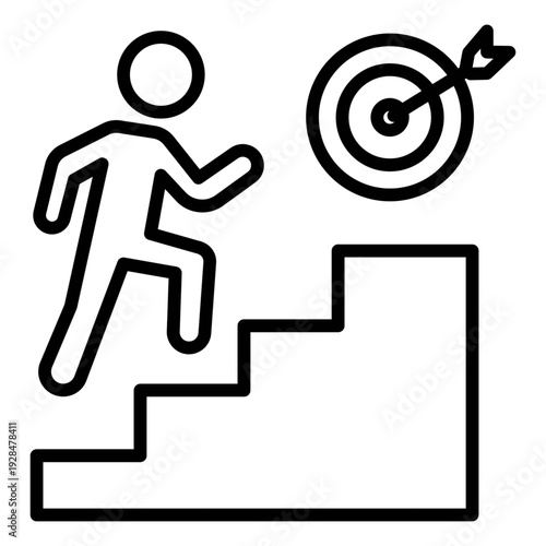 Person running up stairs towards target with arrow  icon, vector illustration.