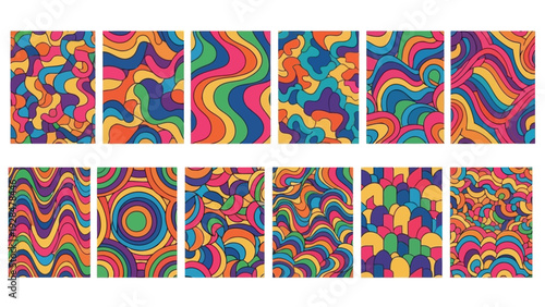 Vibrant abstract geometric patterns in a colorful grid of nine artworks Vector