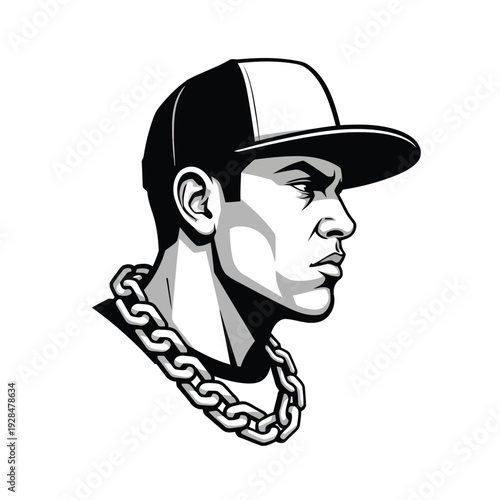 Monochrome portrait of a stylish man wearing a chain necklace and cap Vector