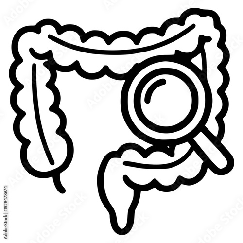Detailed illustration of human intestines with magnifying glass  icon, vector illustration.