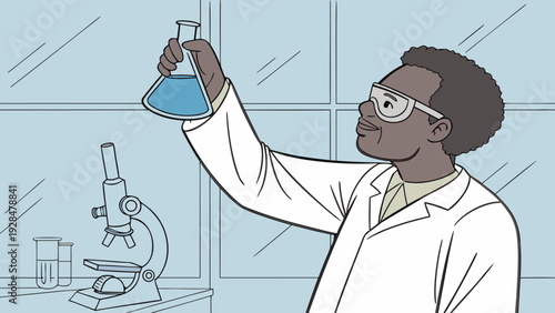 A highly realistic cartoon science professor, wearing a white lab coat and safety glasses, holding a test tube containing a bright blue liquid.