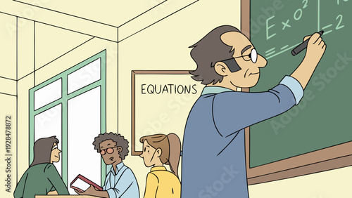 A math professor in an ultra-realistic cartoon style, a middle-aged man wearing glasses and a blue dress shirt with rolled-up sleeves, explaining equations on a green blackboard covered in formulas.