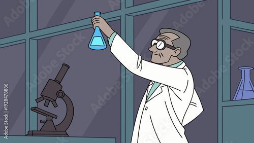 A highly realistic cartoon science professor, wearing a white lab coat and safety glasses, holding a test tube containing a bright blue liquid.