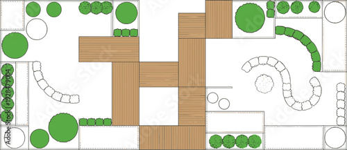 Top view landscape garden plan vector illustration, backyard layout with wooden deck, trees, shrubs and curved pathways isolated on white background