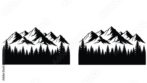 Two symmetrical mountain ranges with dense forests at their base depicted in black and white Vector
