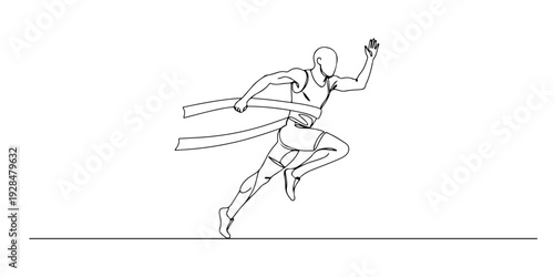 A continuous single line drawing of a sprinter breaking the finish line tape, representing triumph and athletic success, line art style illustration.