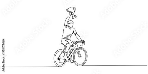 A continuous single line drawing of a cyclist holding a trophy, symbolizing sporting achievement., line art style illustration.