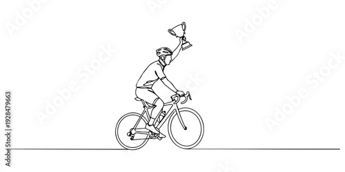 A continuous single line drawing of a cyclist holding a trophy, symbolizing sporting achievement., line art style illustration.