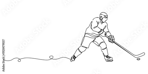 A continuous single line drawing of an ice hockey player swinging a stick, symbolizing speed and power, line art style illustration.