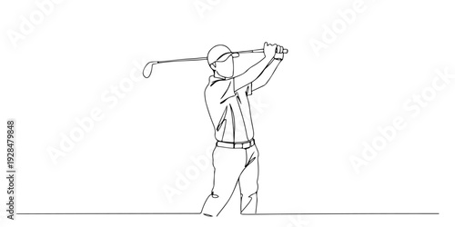 A continuous single line drawing of a golfer swinging a club, representing calmness and control in sports, line art style illustration.