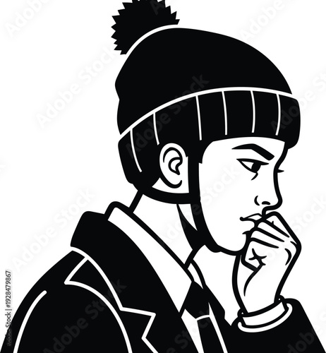 A thoughtful young boy wearing a beanie looks down quietly in contemplation indoors.