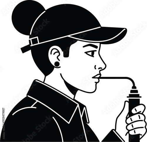 Woman wearing a cap smokes an e-cigarette outdoors in a wqe setting.