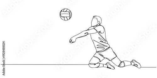 A continuous single line drawing of a volleyball player spiking the ball, symbolizing teamwork and agility, line art style illustration.