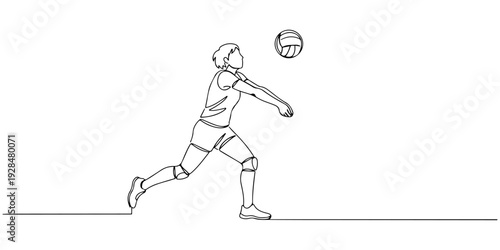 A continuous single line drawing of a volleyball player spiking the ball, symbolizing teamwork and agility, line art style illustration.