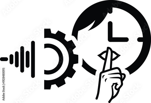 Person interacting with gear, clock, and sound wave in a graphic illustration wqe 13