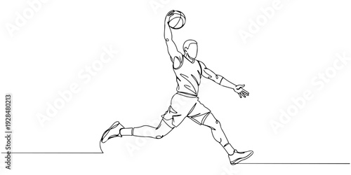 A continuous single line drawing of a basketball player jumping to dunk, representing dynamic sports movement, line art style illustration.