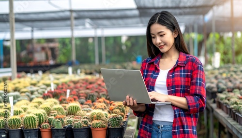 Young woman using laptop in cactus greenhouse, managing her business.