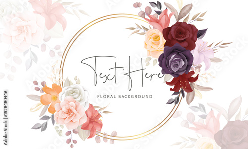 Elegant Watercolor Floral Background with Peach and Burgundy Blooms Flowers