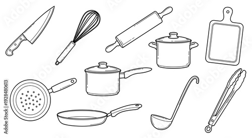 Collection of Kitchen Utensils and Cookware.