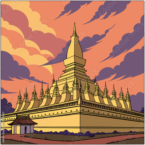 Golden stupa of Pha That Luang glowing under sunset sky