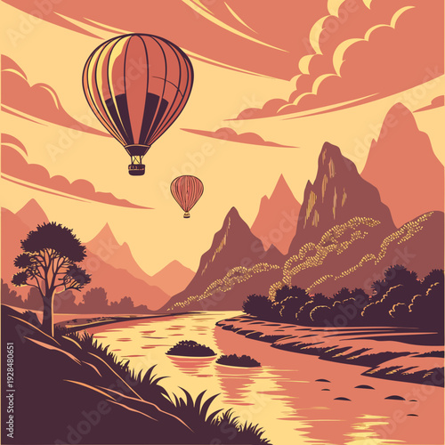 Hot air balloons floating above limestone mountains in Vang Vieng, Nam Song River