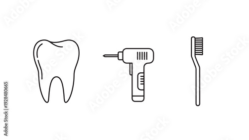 Tooth with drill and toothbrush in simple line art style on white background for dental care