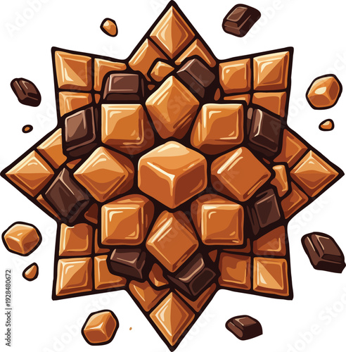 A glossy pile of caramel and chocolate cubes in a star shape