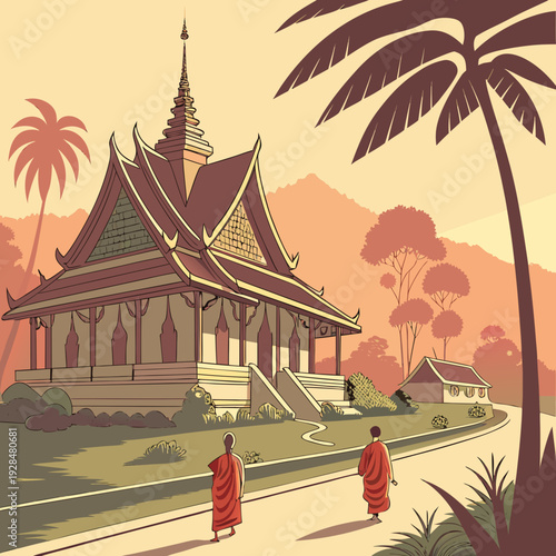 Sunrise over ancient temples in Luang Prabang