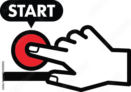 A hand pressing a red start button with a speech bubble saying start now.