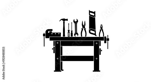 Workbench with Various Hand Tools Arranged.