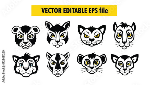 Historical collection of stylized wolf and dog skull masks in monochrome design Vector