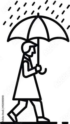 Person walking under umbrella on rainy day with raindrops falling around