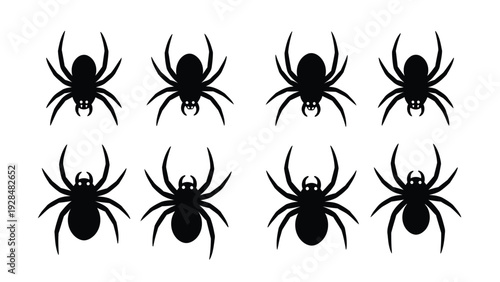 A collection of eight black spider illustrations arranged in two horizontal rows. Vector