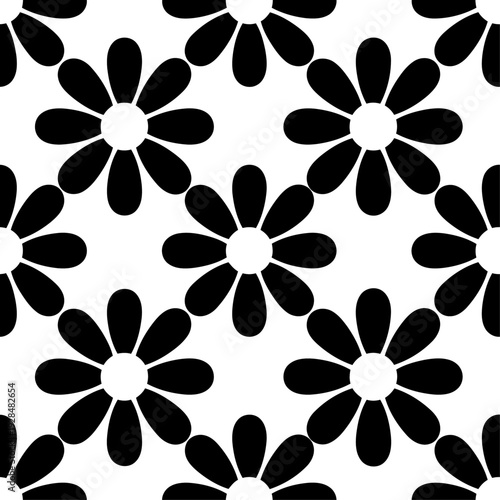 Seamless Retro 70s Daisy Pattern, Funky Bold Floral Black Shapes on White Vector