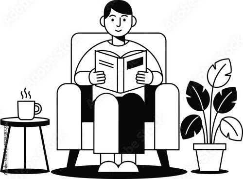 Man sitting in chair reading book with coffee and plant nearby wqe 43