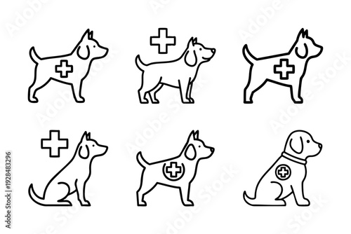 Set of veterinary icons showing dogs with medical crosses, representing animal care and health services