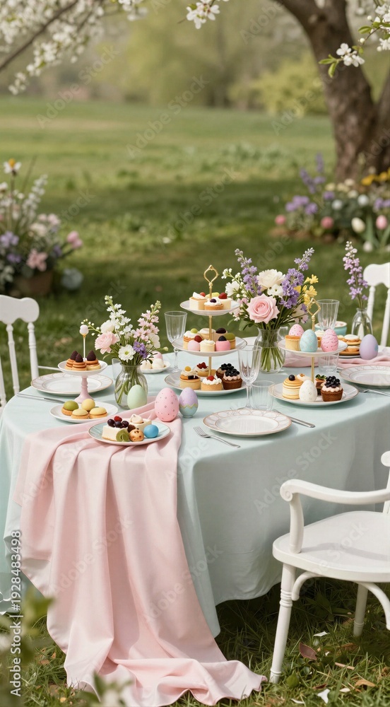 Obraz premium Pastel garden tea party setup with floral table arrangement