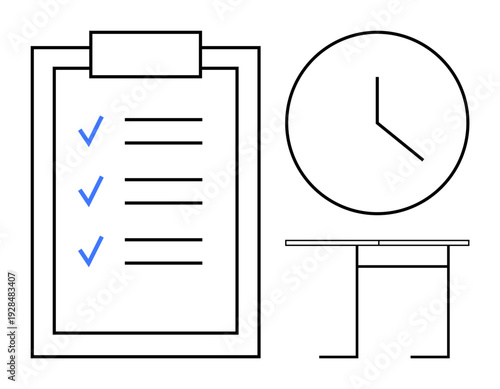 Time management, productivity, scheduling, organization, workplace efficiency, office tasks. Minimalistic ion of a checklist, clock and desk. Time management and productivity concept